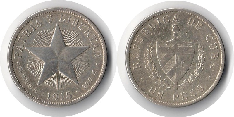  Kuba  1 Peso  1915  FM-Frankfurt  Feingewicht: 24,06g  Silber  sehr schön   