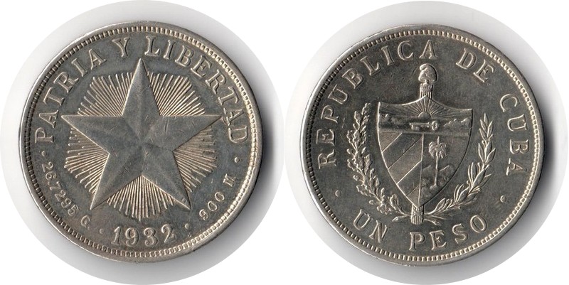 Kuba  1 Peso  1932  FM-Frankfurt  Feingewicht: 24,06g  Silber  sehr schön   
