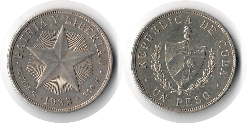  Kuba  1 Peso  1933  FM-Frankfurt  Feingewicht: 24,06g  Silber  sehr schön   