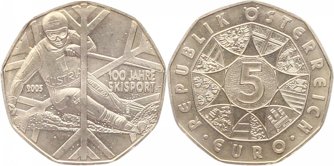  7357 Österreich 5 Euro Silber 2005 100 Jahre Skisport   