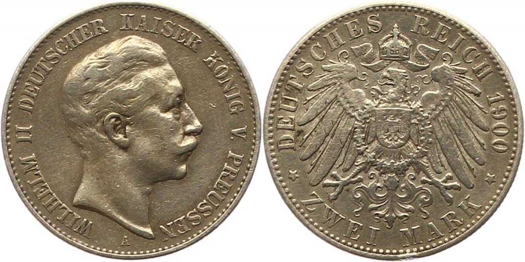  7561 Kaiserreich Preussen 2 Mark 1900 leicht berieben sehr schön   
