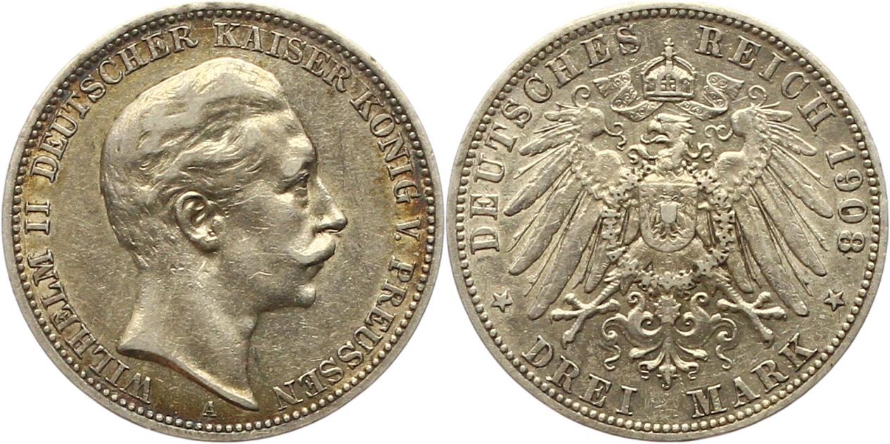  7575 Kaiserreich Preussen 3 Mark 1908 gutes  sehr schön   
