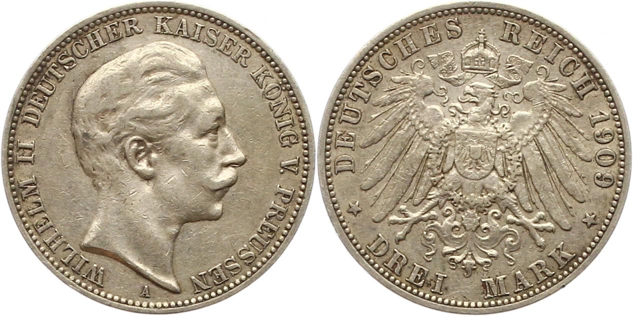 7576 Kaiserreich Preussen 3 Mark 1909  sehr schön   