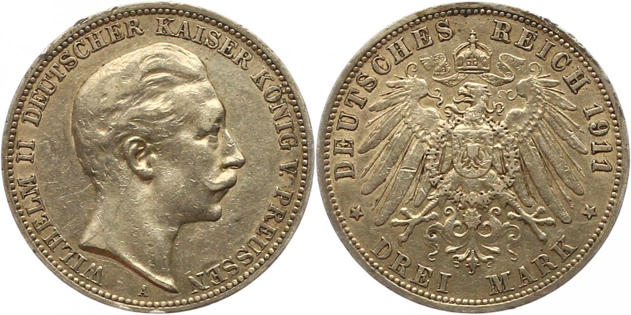  7578 Kaiserreich Preussen 3 Mark 1911 Randfehler sehr schön   