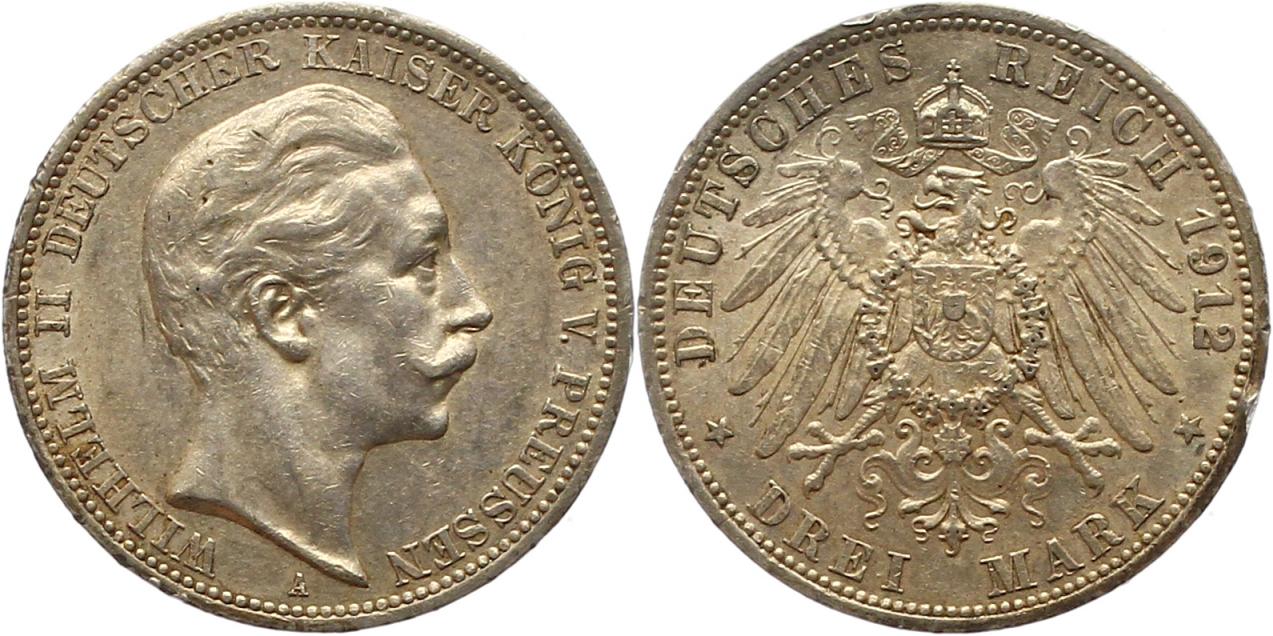 7579 Kaiserreich Preussen 3 Mark 1912 Randfehler sehr schön   