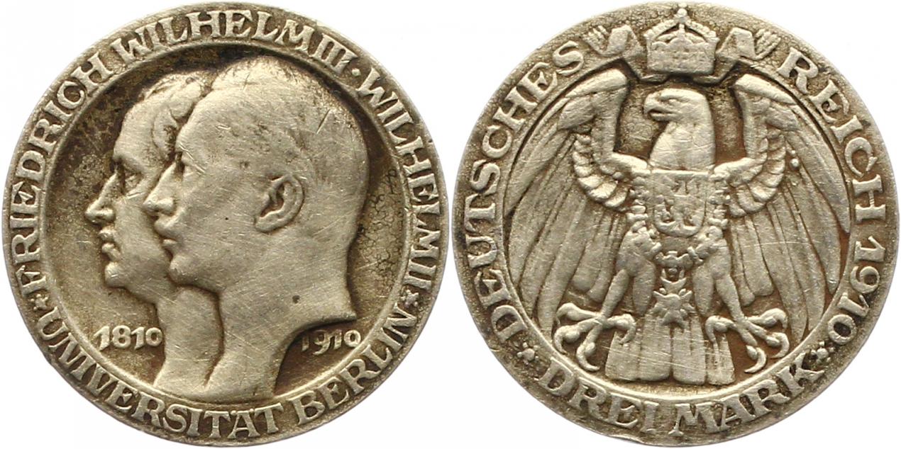  7580 Kaiserreich Preussen 3 Mark 1910 Uni Berlin sehr schön   