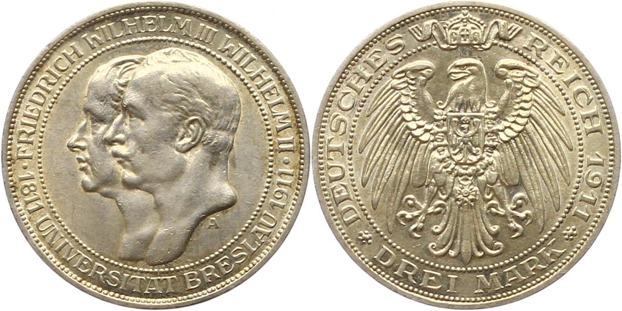  7581  Kaiserreich Preussen 3 Mark 1911 Uni Breslau sehr schön vorzüglich   