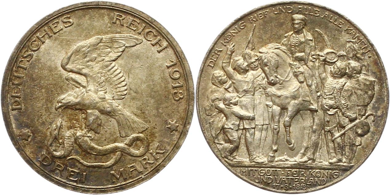  7582  Kaiserreich Preussen 3 Mark 1913 Befreiungskrieg vorzüglich   