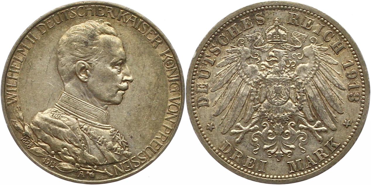  7583  Kaiserreich Preussen 3 Mark 1913 Regierungsjubiläum vorzüglich   