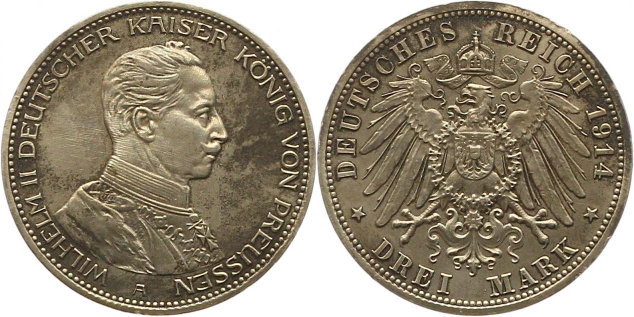  7584 Kaiserreich Preussen 3 Mark 1914 Belag, sehr schän   