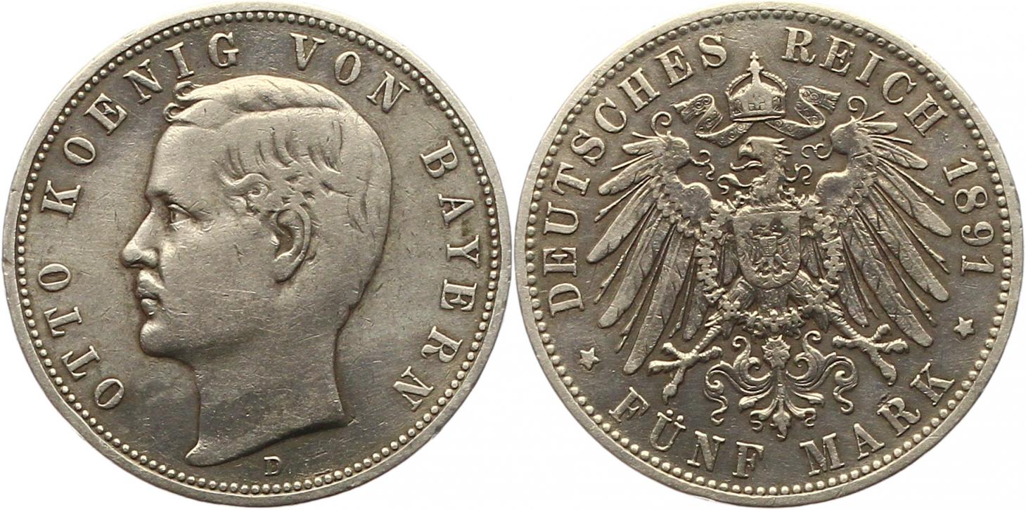 7591 Kaiserreich Bayern 5 Mark 1891 fast sehr schön   