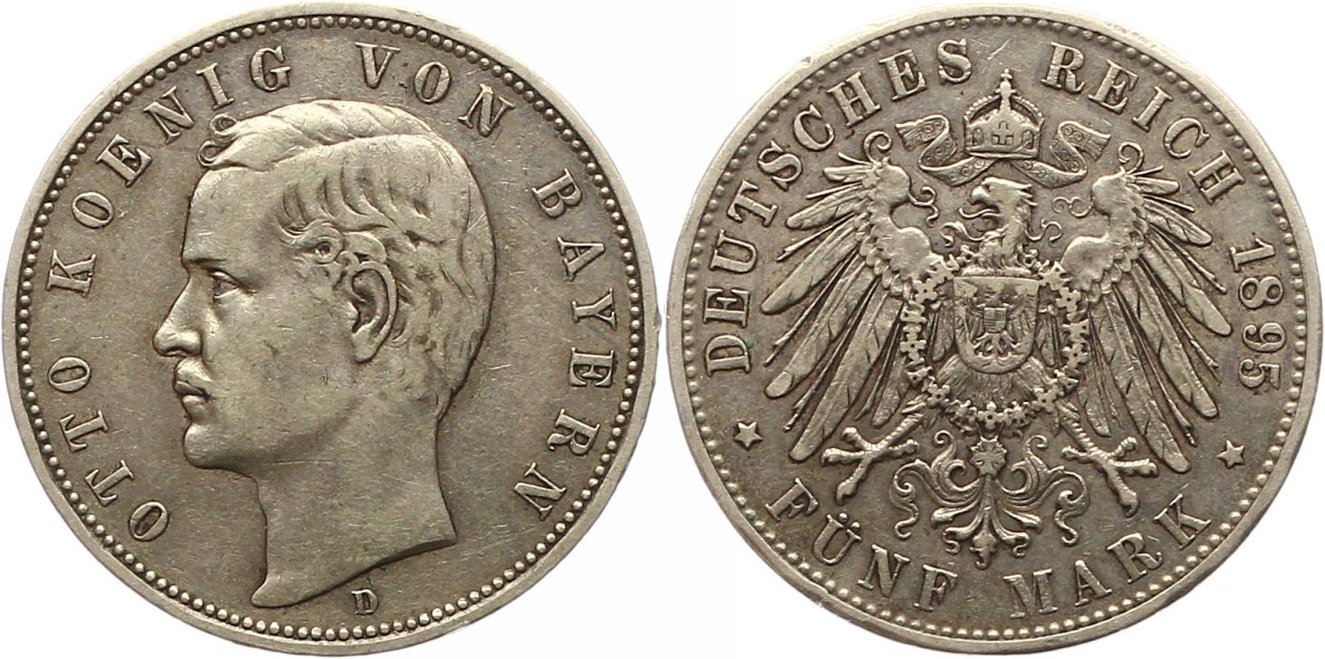  7592 Kaiserreich Bayern 5 Mark 1895 fast sehr schön   