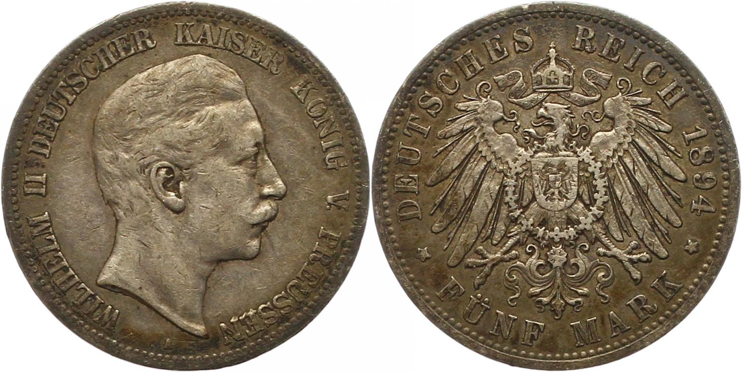 7593 Kaiserreich Preussen 5 Mark 1894  sehr schön   
