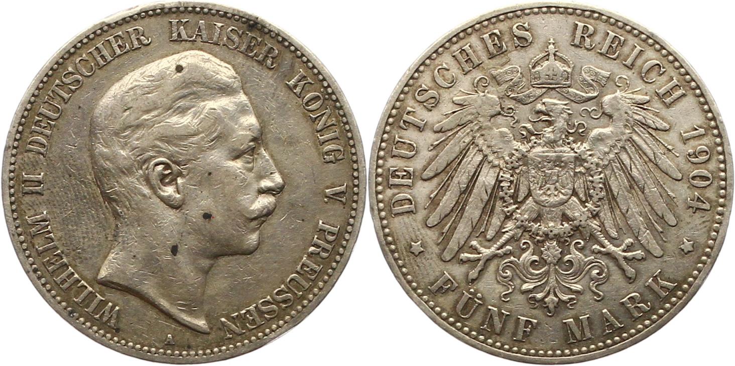  7598 Kaiserreich Preussen 5 Mark 1904 minimale Randfehler   sehr schön   