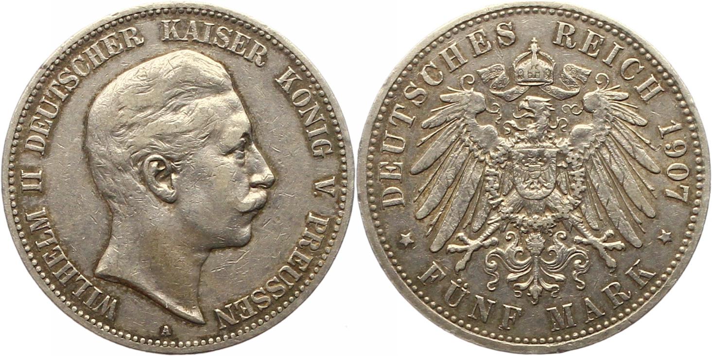  7599 Kaiserreich Preussen 5 Mark 1907   sehr schön   