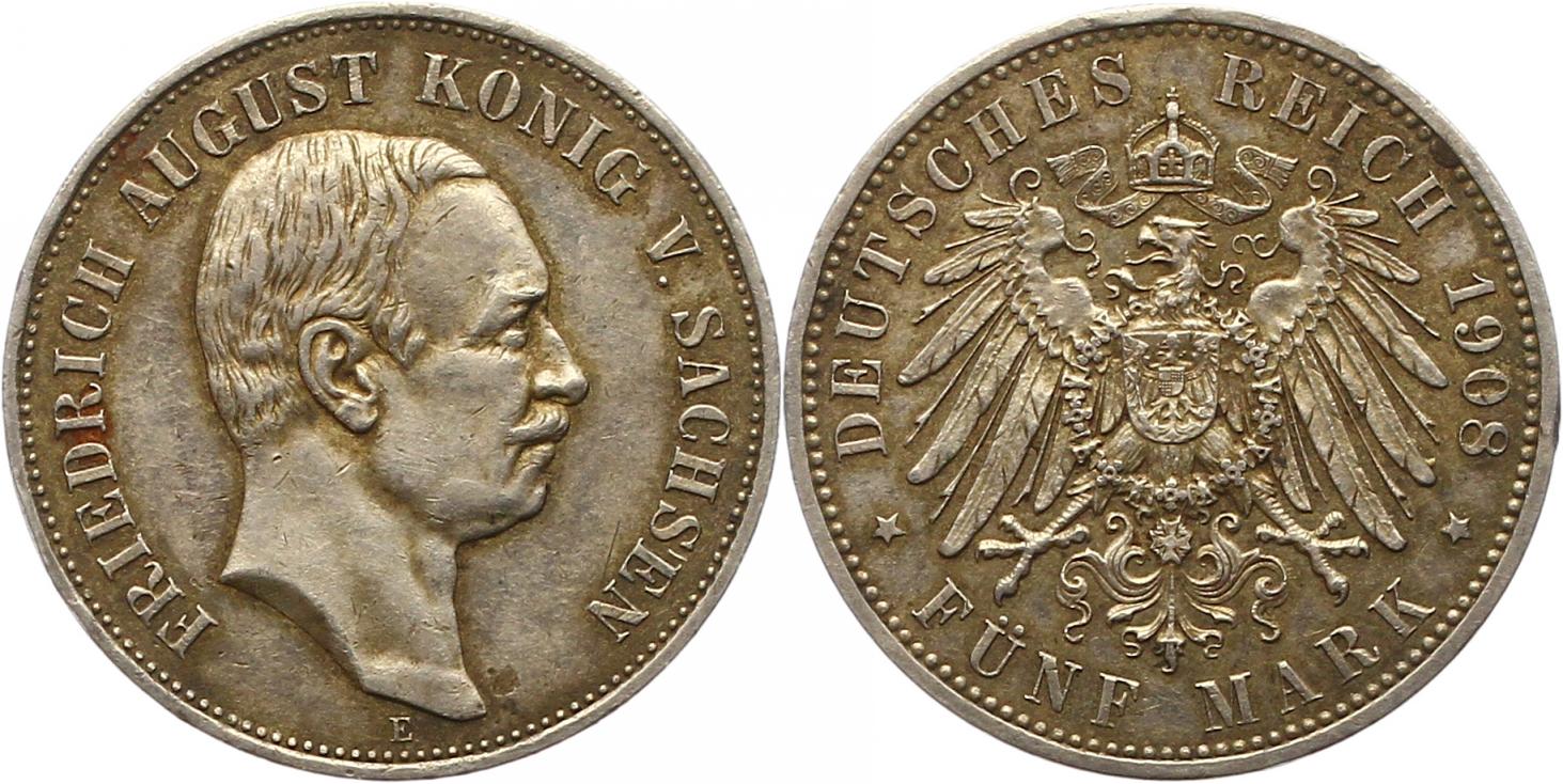  7600 Kaiserreich Sachsen 5 Mark 1908 gutes  sehr schön   