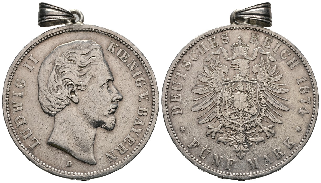 PEUS 7791 Bayern Ludwig II. (1864 -1886) 5 Mark 1874 D München Gehenkelt, Sehr schön