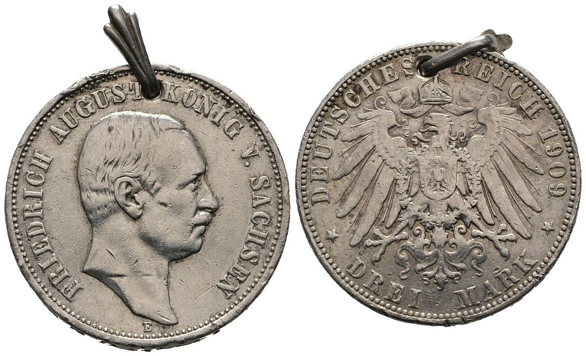 PEUS 7799 Kaiserreich - Sachsen Friedrich August III. (1904 - 1918) 3 Mark 1909 Gehenkelt, fast Sehr schön