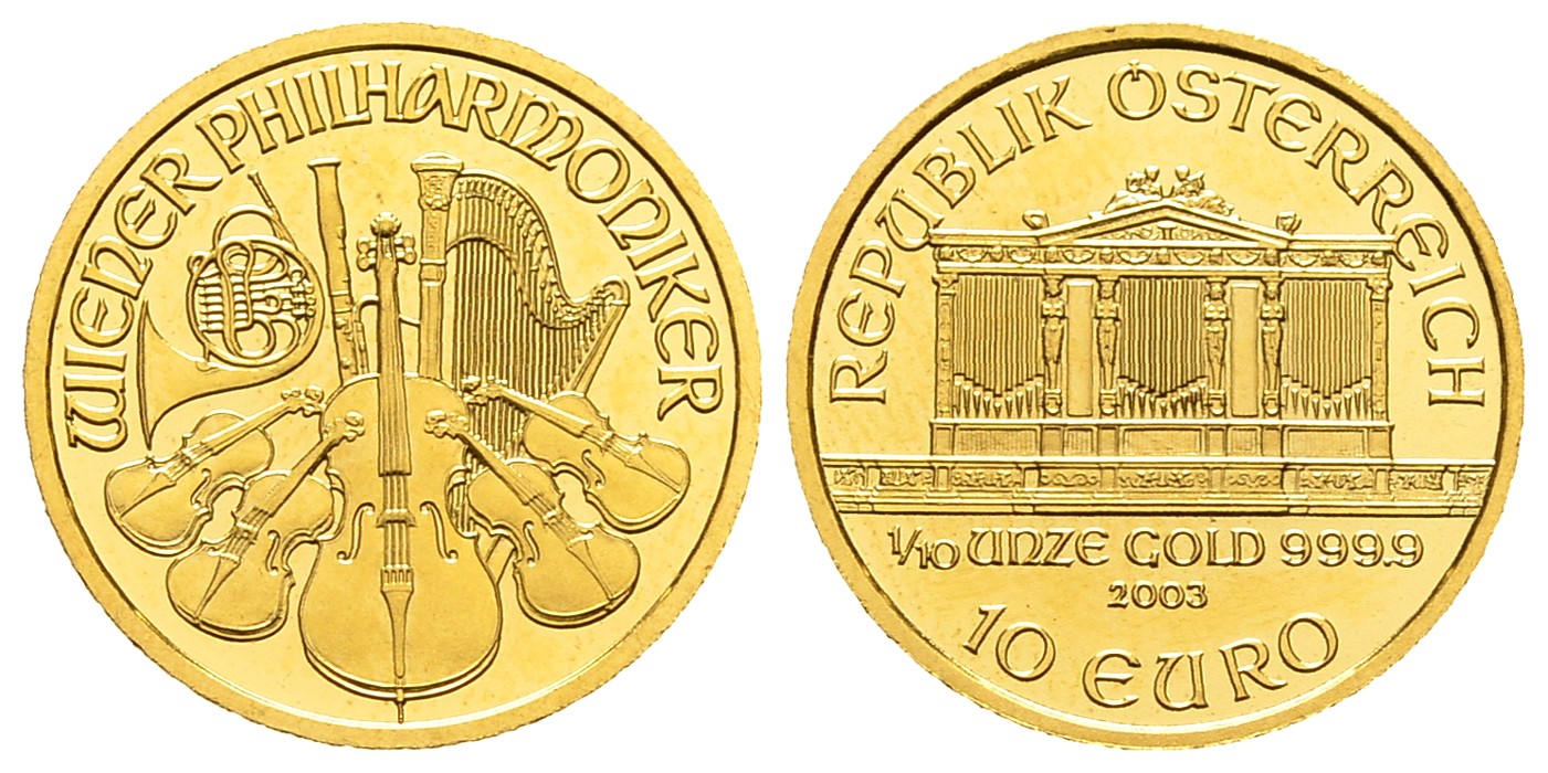 PEUS 7804 Österreich 3,11 g Feingold. Wiener Philharmoniker 10 Euro GOLD 1/10 Unze 2003 Fast Stempelglanz