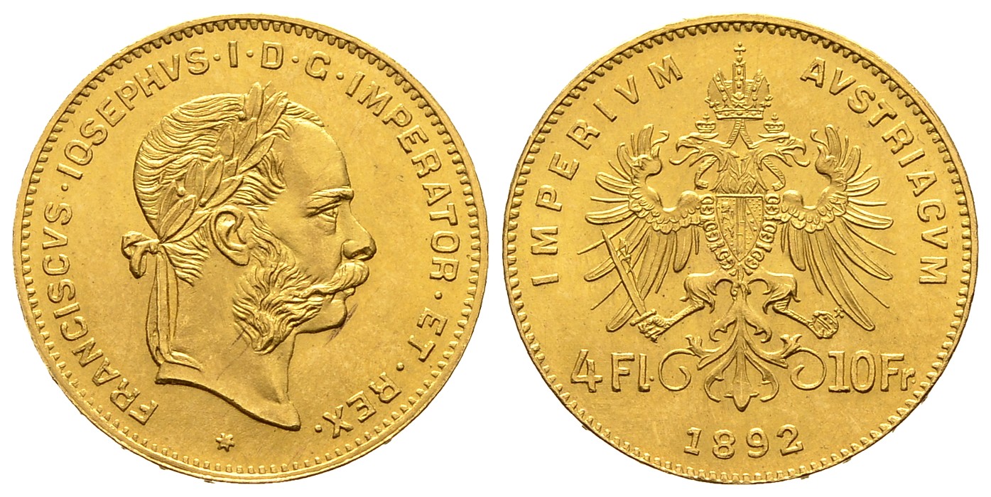 PEUS 7807 Österreich 2,90 g Feingold 4 Gulden (off.NP) GOLD 1892 Stempelglanz