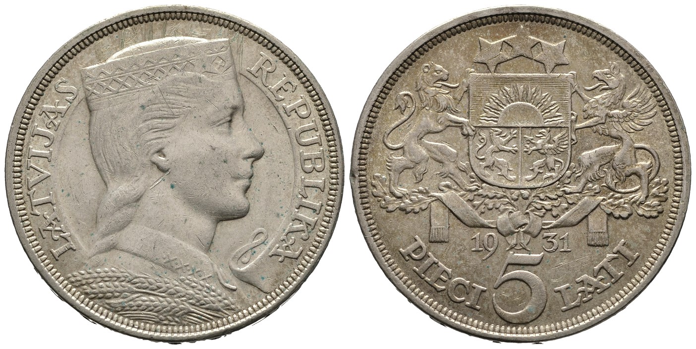 PEUS 7813 Lettland 20,88 g Feinsilber. 5 Lati SILBER 1931 Sehr schön +