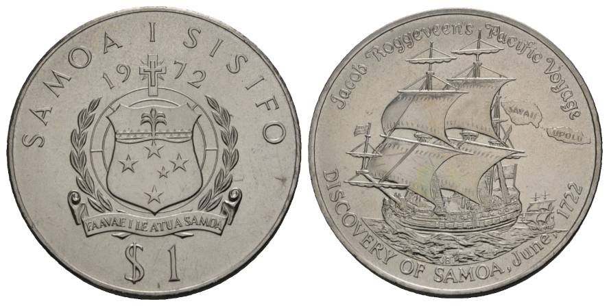  Schifffahrtsmünze; Samoa I Sisifo of Netherlands, 1 Dollar 1972; Cu-Ni, 27,35g, Ø 38,8 mm   