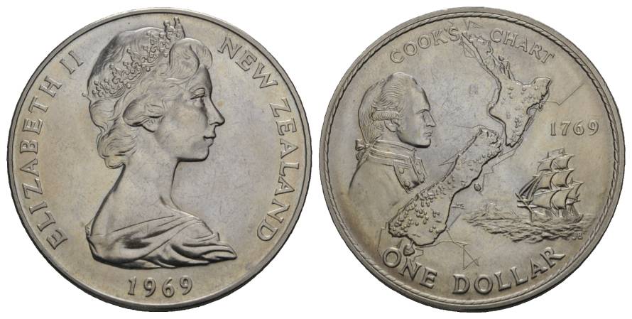  Schifffahrtsmünze; New Zealand, 1 Dollar 1969; Cu-Ni, 27,43 g, Ø 38,7 mm   