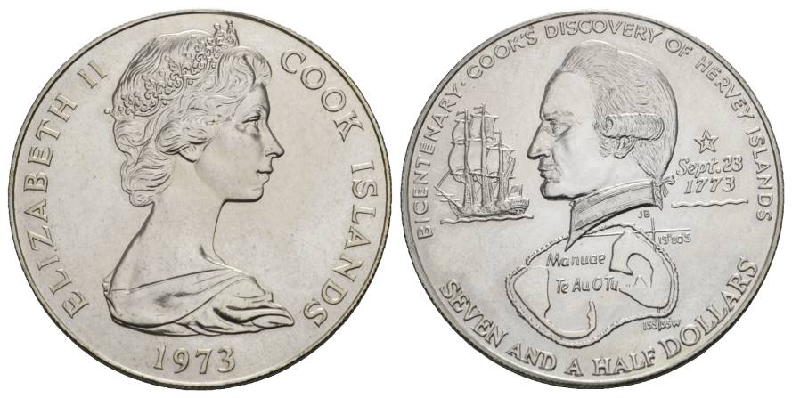  Schifffahrtsmünze; Cook Islands, 7 1/2 Dollars 1973, AG; 33,66 g; Ø 42 mm   
