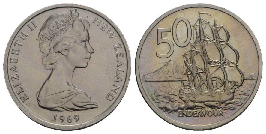  Schifffahrtsmünze; New Zealand, 50 Cents 1969; Cu-Ni, 13,54 g, Ø 31,7 mm   