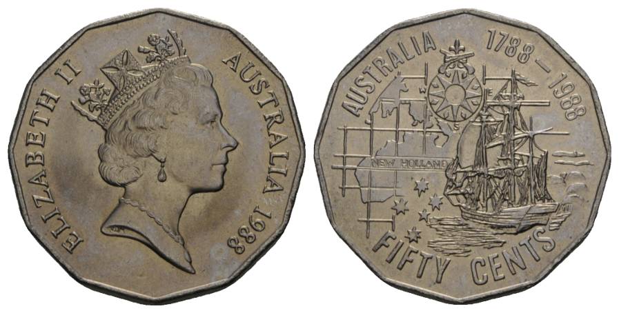  Schifffahrtsmünze; Australien, 50 Cents 1988; Cu-Ni, 15,57g   