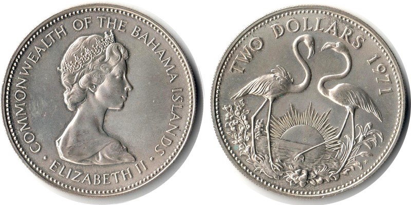  Bahamas  2 Dollar  1971  FM-Frankfurt  Feingewicht: 27,57g  Silber  vorzüglich   