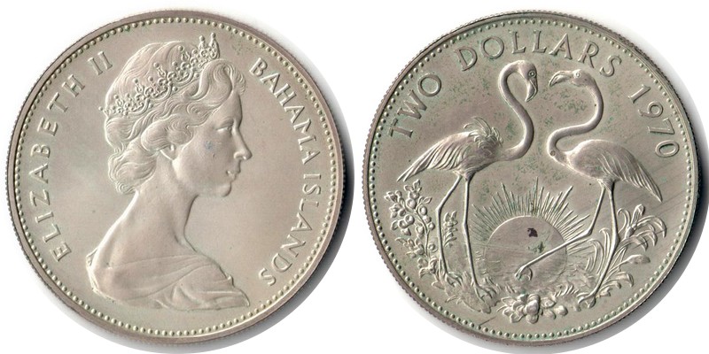  Bahamas  2 Dollar  1970  FM-Frankfurt  Feingewicht: 27,57g  Silber  vorzüglich   