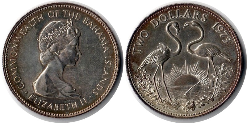  Bahamas  2 Dollar  1973  FM-Frankfurt  Feingewicht: 27,57g  Silber  vorzüglich Patina   