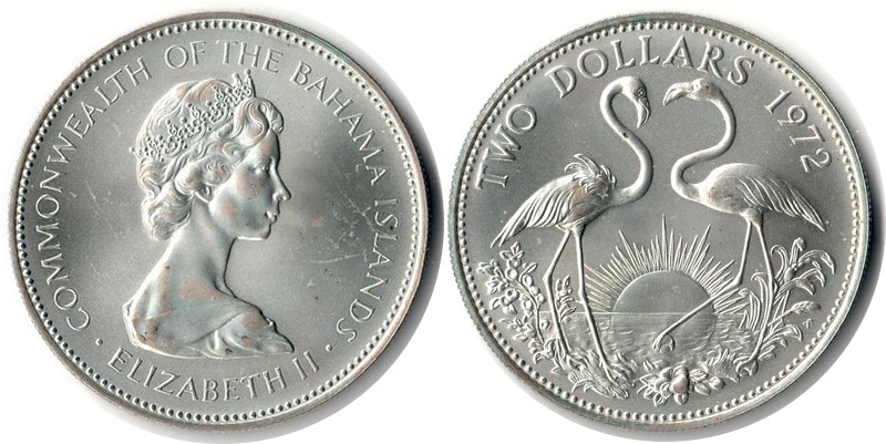  Bahamas  2 Dollar  1972  FM-Frankfurt  Feingewicht: 27,57g  Silber  vorzüglich/stg   