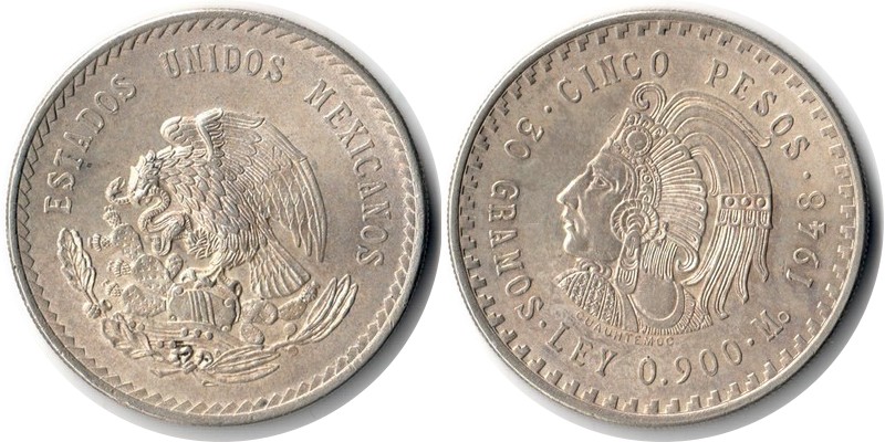 Mexiko  5 Pesos  1948  FM-Frankfurt  Feingewicht: 27g  Silber  sehr schön   