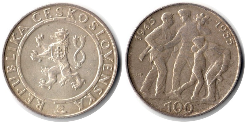  Tschechoslowakei  100 Kronen 1955  FM-FFM  Feingewicht: 21,6g  Silber  sehr schön   