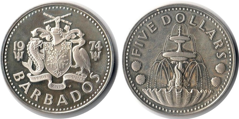  Barbados  5 Dollar  1974  FM-Frankfurt  Feingewicht: 24,88g  Silber  sehr schön   