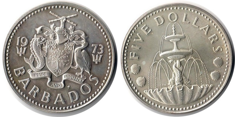 Barbados  5 Dollar  1973  FM-Frankfurt  Feingewicht: 24,88g  Silber  sehr schön   