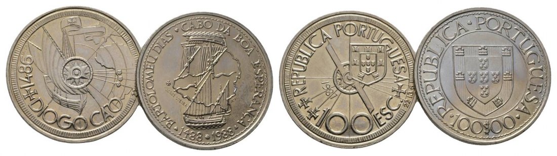 Schifffahrtsmünzen; Portugal 100 Escudo 1987/88; Cu-Ni, 2 Münzen   