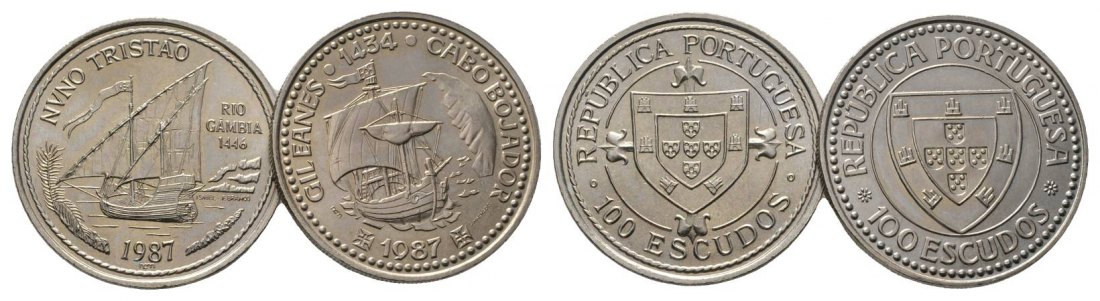  Schifffahrtsmünzen; Portugal 100 Escudo 1987; Cu-Ni, 2 Münzen   