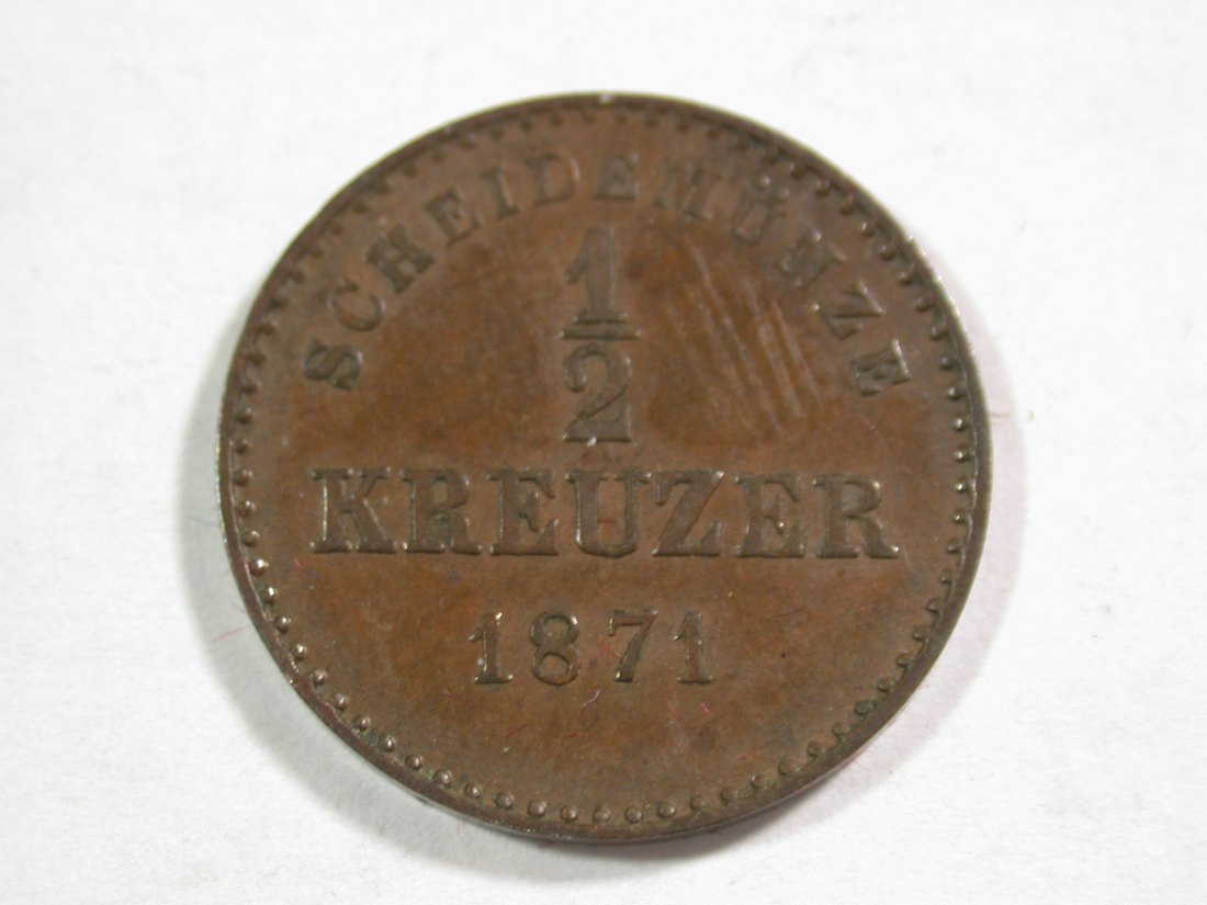  B12 Württemberg 1/2 Kreuzer 1871 in vz+   Originalbilder   