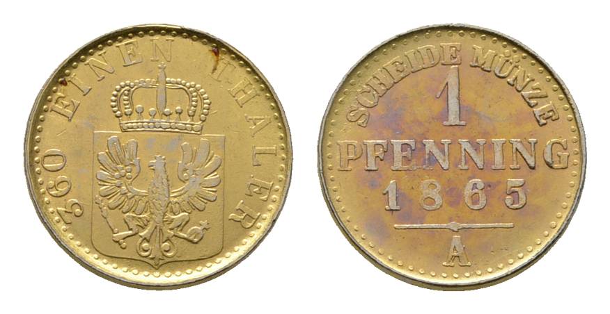  Brandenburg-Preußen, Nachahmung eines Pfennig 1865 A, leicht vergoldet   