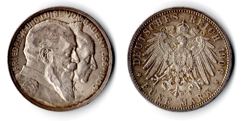  Baden, Kaiserreich  5 Mark  1906   FM-Frankfurt Feingewicht: 25g Silber vorzüglich/ss   