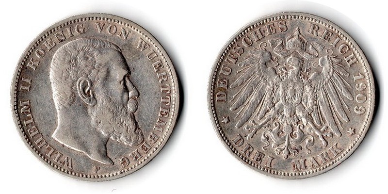  Württemberg, Kaiserreich  3 Mark  1909 F  FM-Frankfurt Feingewicht: 15g Silber sehr schön   