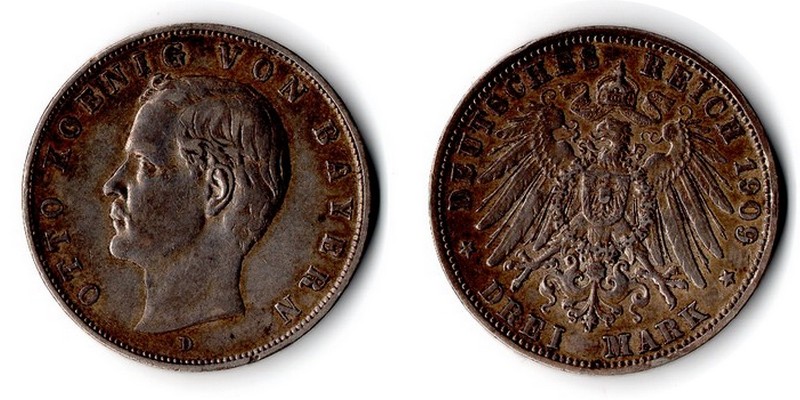  Bayern, Kaiserreich  3 Mark  1909 D  FM-Frankfurt Feingewicht: 15g Silber sehr schön   