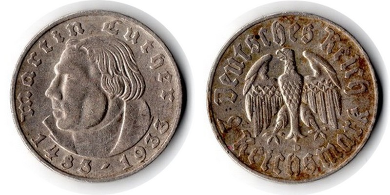  Deutschland, Drittes Reich  2 Reichsmark  1933 D  FM-Frankfurt  Feingewicht: 5g Silber sehr schön   