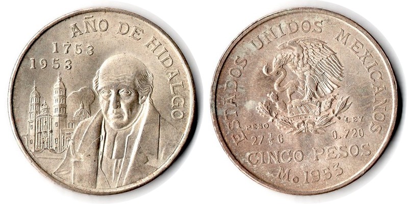  Mexiko  5 Pesos  1953  FM-Frankfurt  Feingewicht: 20g  Silber  sehr schön   