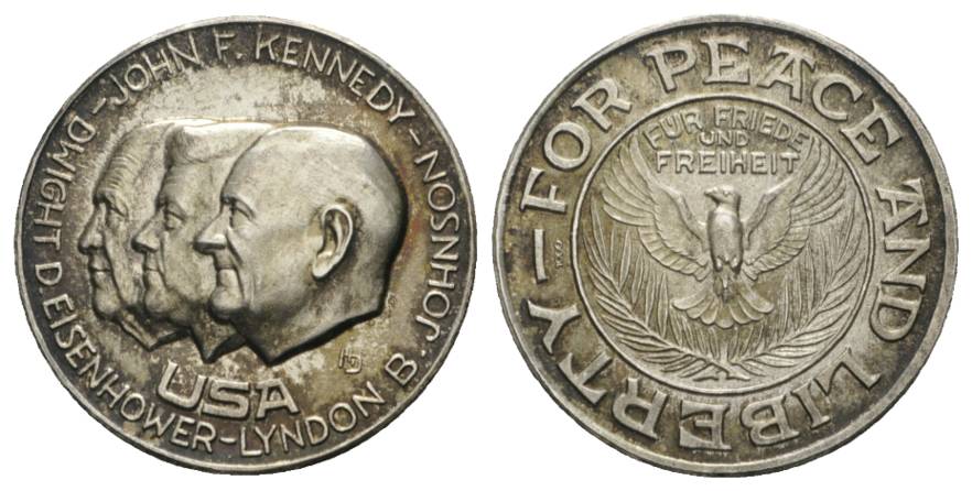  USA, John F. Kennedy, Eisenhower-Lyndon, B. Johnson, Silbermedaille o.J.; Ø 28 mm, 14,78 g   