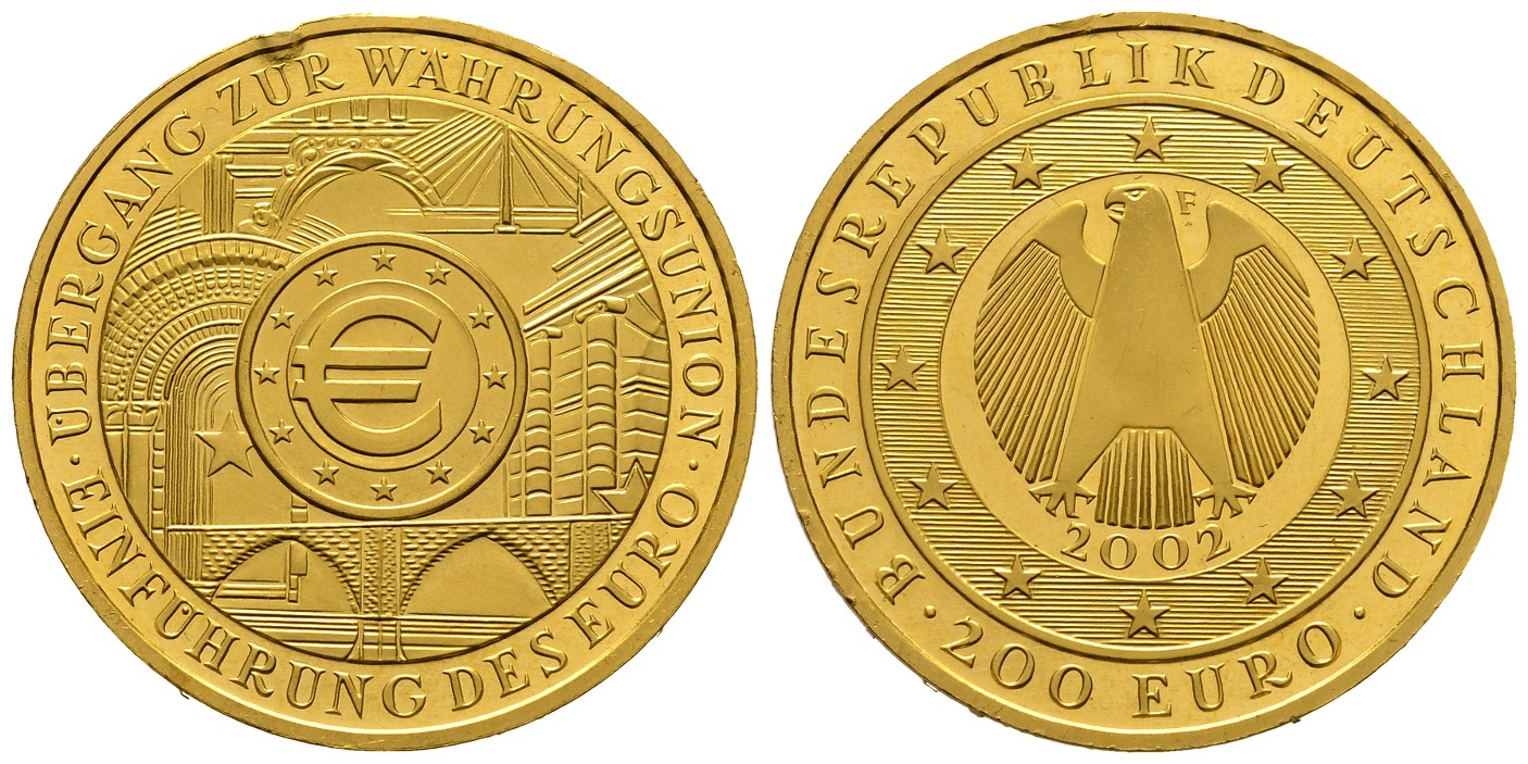 PEUS 7818 BRD 31,1 g Feingold. Währungsunion OHNE Etui und Zertifikat 200 Euro GOLD Unze 2002 F Stuttgart Randfehler, vorzüglich
