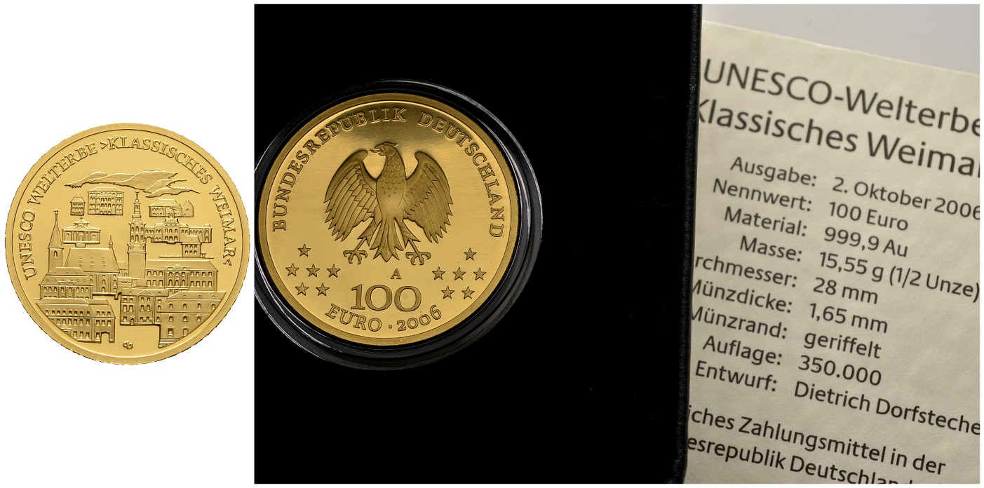 PEUS 7820 BRD 15,55 g Feingold. Weimar incl. Etui und Zertifikat 100 Euro GOLD 2006 A Berlin Stempelglanz